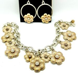 BRIGHTON Petal Pusher Silver Gold White Enamel Flower Charm Bracelet & Earrings
